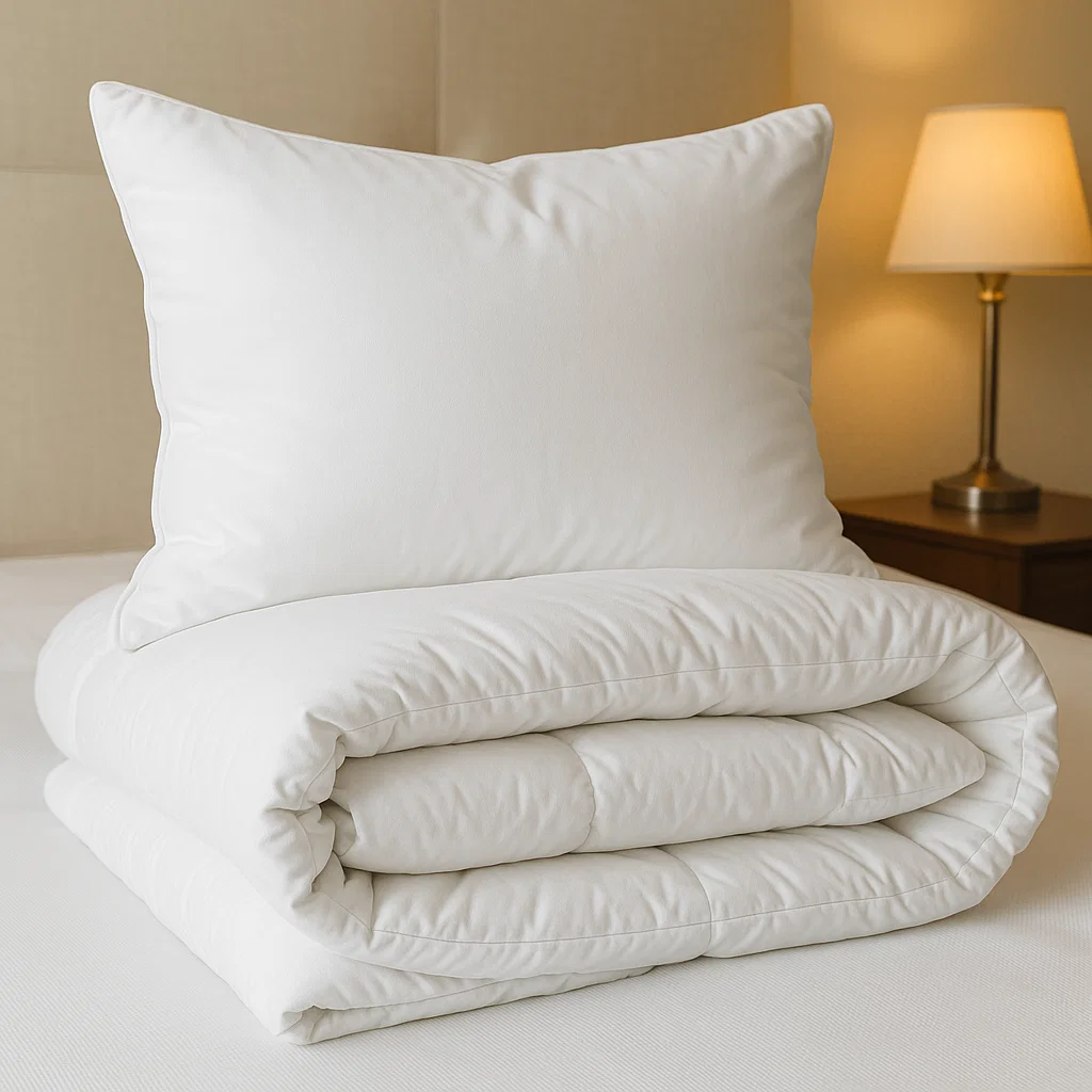 Weißes Kopfkissen und gefaltete Bettdecke aus glattem Stoff, arrangiert auf einem Bett in gemütlichem Schlafzimmer mit warmem Licht.